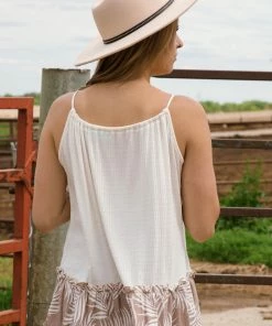 Lovely Melody Off White And Mocha Palm Print Trim Tank Tops