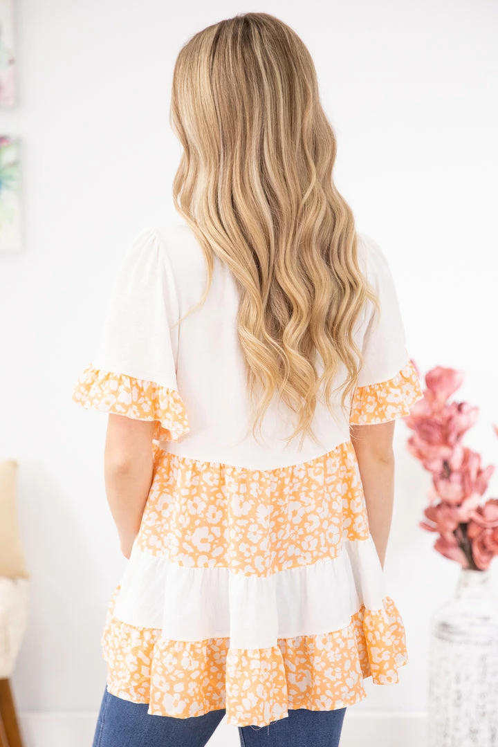 Hailey And Co SHORT SLEEVES Orange Animal Print Colorblock Babydoll Top 7 Hailey And Co SHORT SLEEVES Orange Animal Print Colorblock Babydoll Top