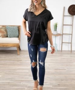 Jodifl Black Satin V-Neck Top Tops