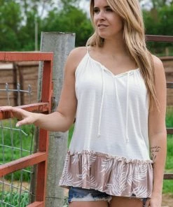 Lovely Melody Off White And Mocha Palm Print Trim Tank Tops