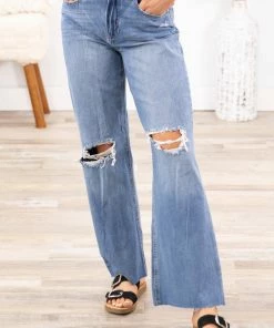 Rewash Medium Wash Distressed Knee Wide Leg Jeans