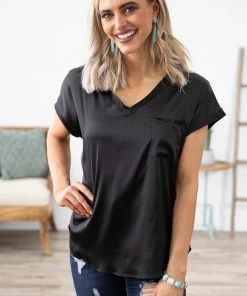 Jodifl Black Satin V-Neck Top Tops