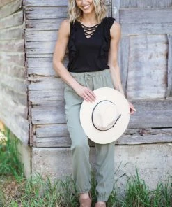 Doe & Rae Black Criss-Cross Front Flutter Sleeve Top