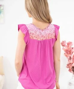 Hailey And Co Fuchsia Flutter Sleeve Contrast Yoke Top SHORT SLEEVES