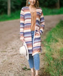 Twenty Second Tops Beige Multicolor Stripe Mid Length Cardigan