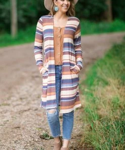 Twenty Second Tops Beige Multicolor Stripe Mid Length Cardigan