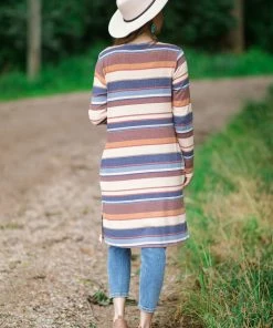 Twenty Second Tops Beige Multicolor Stripe Mid Length Cardigan