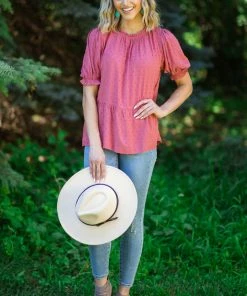 Staccato Wine Swiss Dot Ruffle Sleeve Peplum Top Tops