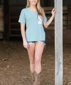 Hopely Turquoise V-Neck Top With Floral Contrast
