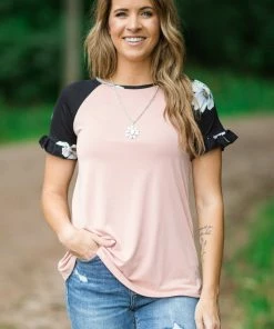 Hailey And Co Salmon And Black Floral Print Sleeve Top