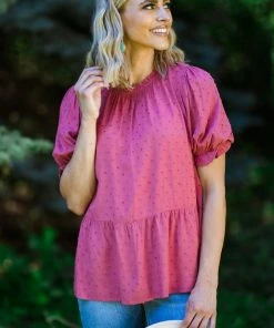 Staccato Wine Swiss Dot Ruffle Sleeve Peplum Top Tops