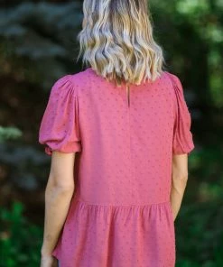 Staccato Wine Swiss Dot Ruffle Sleeve Peplum Top Tops