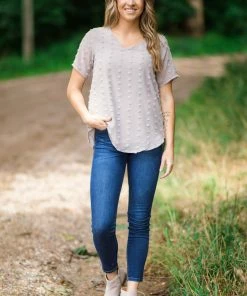 Zenana Tan Swiss Dot V-Neck Short Sleeve Top Tops