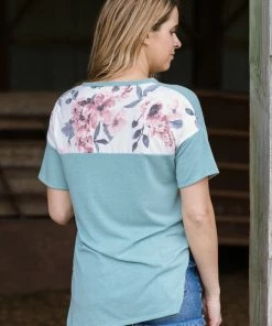 Hopely Turquoise V-Neck Top With Floral Contrast