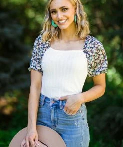 Sugarfox White Rib Knit Multicolor Floral Sleeve Top