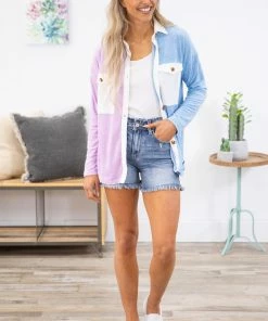 Shewin Orchid And Sky Blue Colorblock Fuzzy Shacket