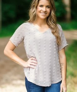 Zenana Tan Swiss Dot V-Neck Short Sleeve Top Tops