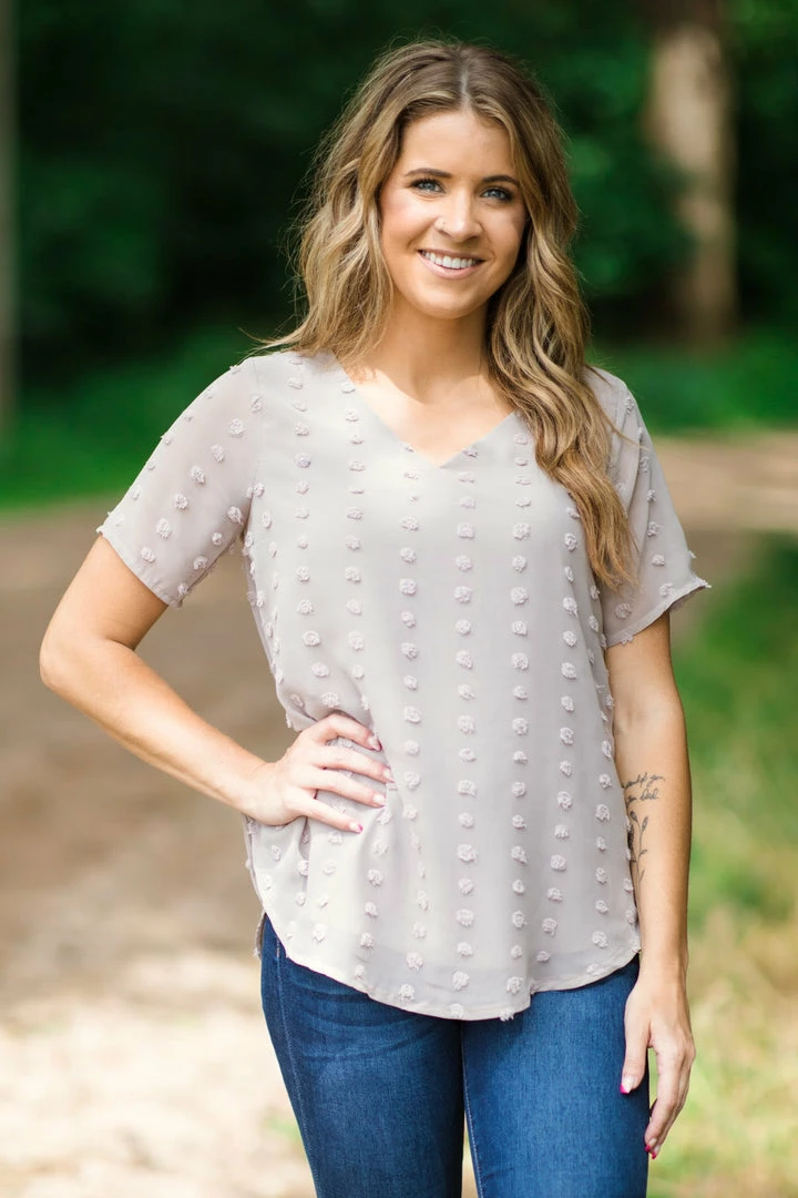 Zenana Tan Swiss Dot V-Neck Short Sleeve Top Tops 3 Zenana Tan Swiss Dot V-Neck Short Sleeve Top Tops