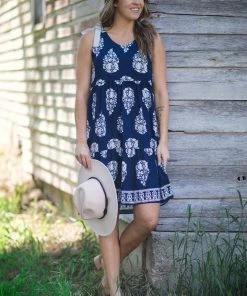 Haptics Navy And Beige Tie Shoulder Paisley Dress Dresses