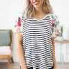 1 CLIQUE Tops Off White Navy Stripe Top With Floral Sleeves