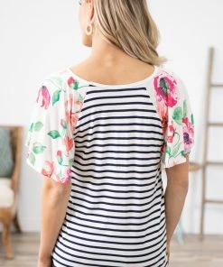 1 CLIQUE Tops Off White Navy Stripe Top With Floral Sleeves