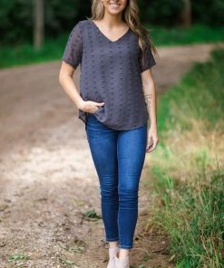 Zenana Graphite Swiss Dot V-Neck Short Sleeve Top Tops