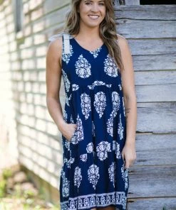 Haptics Navy And Beige Tie Shoulder Paisley Dress Dresses