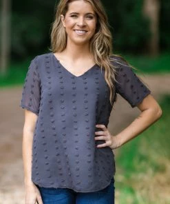 Zenana Graphite Swiss Dot V-Neck Short Sleeve Top Tops