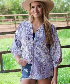 Lovely Melody Tops Lavender And White Floral Patchwork Top