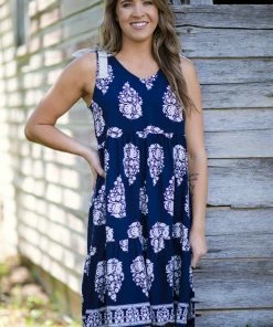 Haptics Navy And Beige Tie Shoulder Paisley Dress Dresses