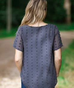 Zenana Graphite Swiss Dot V-Neck Short Sleeve Top Tops
