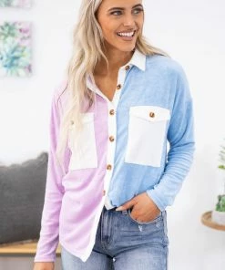 Shewin Orchid And Sky Blue Colorblock Fuzzy Shacket