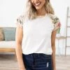 Acting Pro Tops White And Tan Floral Raglan Sleeve Top