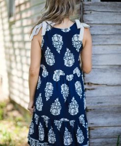 Haptics Navy And Beige Tie Shoulder Paisley Dress Dresses