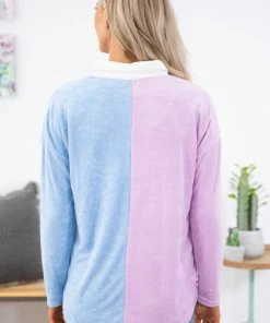 Shewin Orchid And Sky Blue Colorblock Fuzzy Shacket