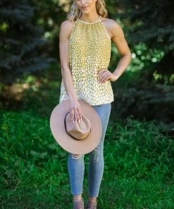 Haptics Mustard Dot Print Halter Neck Tank Tops