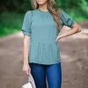 Staccato Tops Sage Swiss Dot Ruffle Sleeve Peplum Top
