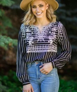 Andree By Unit Black And Off White Stripe Embroidered Top