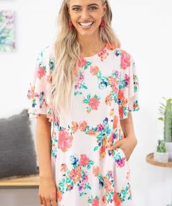 Shop In LA Ivory Multicolor Floral Flutter Sleeve Dress Dresses