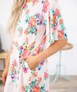 Shop In LA Ivory Multicolor Floral Flutter Sleeve Dress Dresses