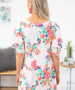 Shop In LA Ivory Multicolor Floral Flutter Sleeve Dress Dresses