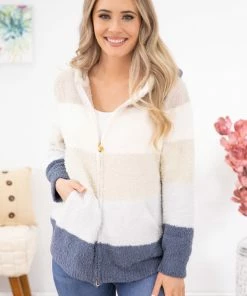 Jasmine Trading Outerwear Ivory Multicolor Stripe Fuzzy Zip Jacket