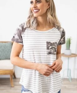 1 CLIQUE Off White Grey Stripe Top With Camo Sleeves Tops