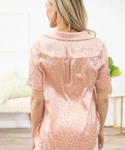 Shewin Peach Tonal Animal Print Button Up Top