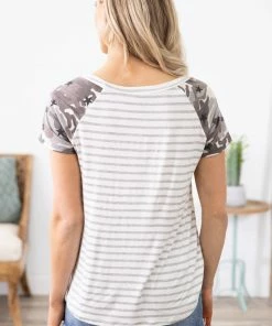 1 CLIQUE Off White Grey Stripe Top With Camo Sleeves Tops