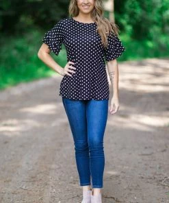 Hailey And Co Tops Black And White Polka Dot Ruffle Sleeve Top