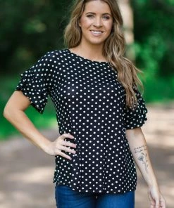 Hailey And Co Tops Black And White Polka Dot Ruffle Sleeve Top