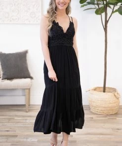 Blue B Dresses Black Lace Thin Strap Criss-Cross Back Dress