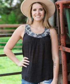 Doe & Rae Tops Black Aztec Trim Lace Up Back Tank