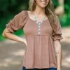Staccato Tops Mocha Rib Knit Puff Sleeve Babydoll Top